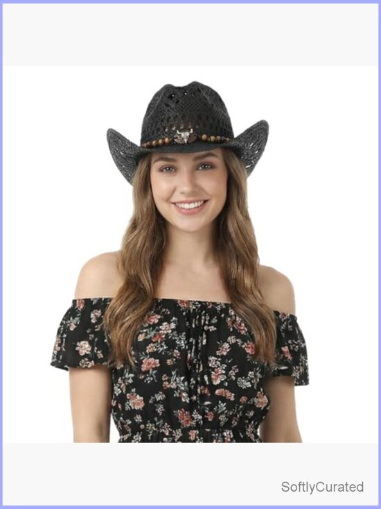 Straw Cowgirl Hat with Chin Strap Wide Brim Hollow Out Packable Sun Hat main image 7
